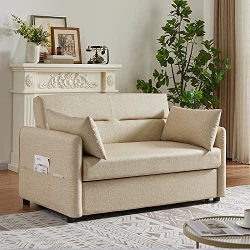 Aoowow Convertible Sleeper Sofa Bed 57 Inches, Velvet 2 Seats Sofa with Pull Out Bed,Loveseat Sofa Couch with Adjustable Backrest, 2 Pillows Side Pocket for Living Room Small Apartment (Light Brown)