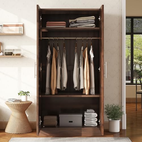 Merax Wooden Armoire with Big Drawer, Hanging Rail and 5 Shelves Accent 2 Doors Wardrobe Closet Organizer，Tall Clothes Storage Cabinet for Bedroom & Living Room, Easy Assembly, White
