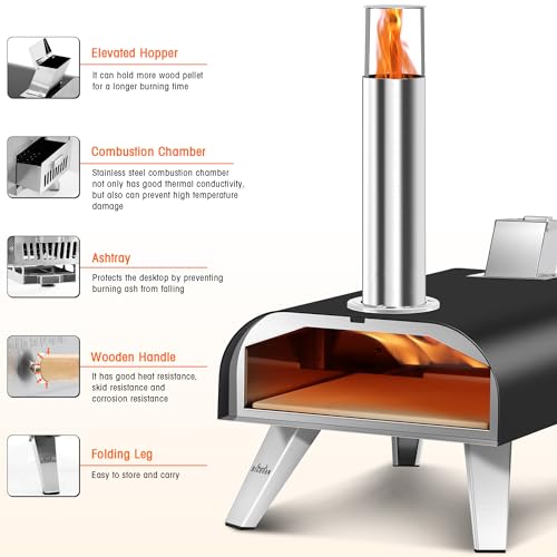 BIG HORN OUTDOORS 12" Black Pizza Ovens Wood Pellet Fired Pizza Maker, Stone-Baked Pizzas Made Easy Use Anywhere, Backyard Camping Party Cooking with your Family or Friend
