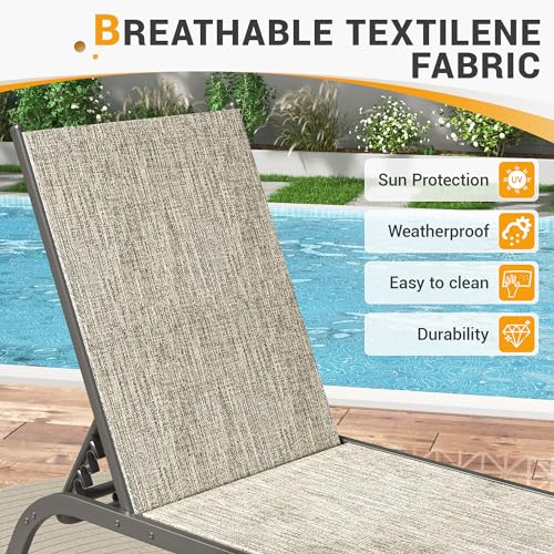 UDPATIO Chaise Lounge Outdoor Set of 3, Aluminum Lounge Chair with Removable Cushion Padding, 5 Adjustable Position Pool Lounger with Wheels and Side Table for Garden Poolside Patio (Beige)