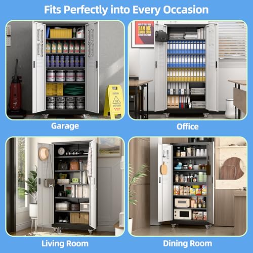Aobabo Garage Storage Cabinet with Wheels,72" H Metal Storage Cabinet with 2 Doors and 4 Adjustable Shelves for Garage Home, Black,Required-Assembly