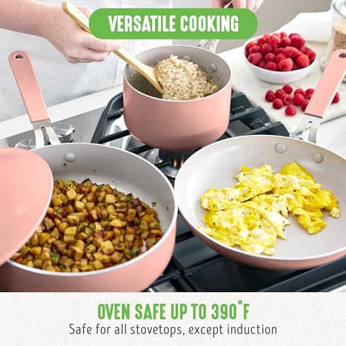 GreenLife Dream 10-Piece Ceramic Nonstick Cookware Set, Pots Frying & Sauce Pans, PFAS-Free & PFOA-Free, Dishwasher & Oven Safe, Stay-Cool Handles, Durable Aluminum Body, Versatile Cooking, Dusty Rose