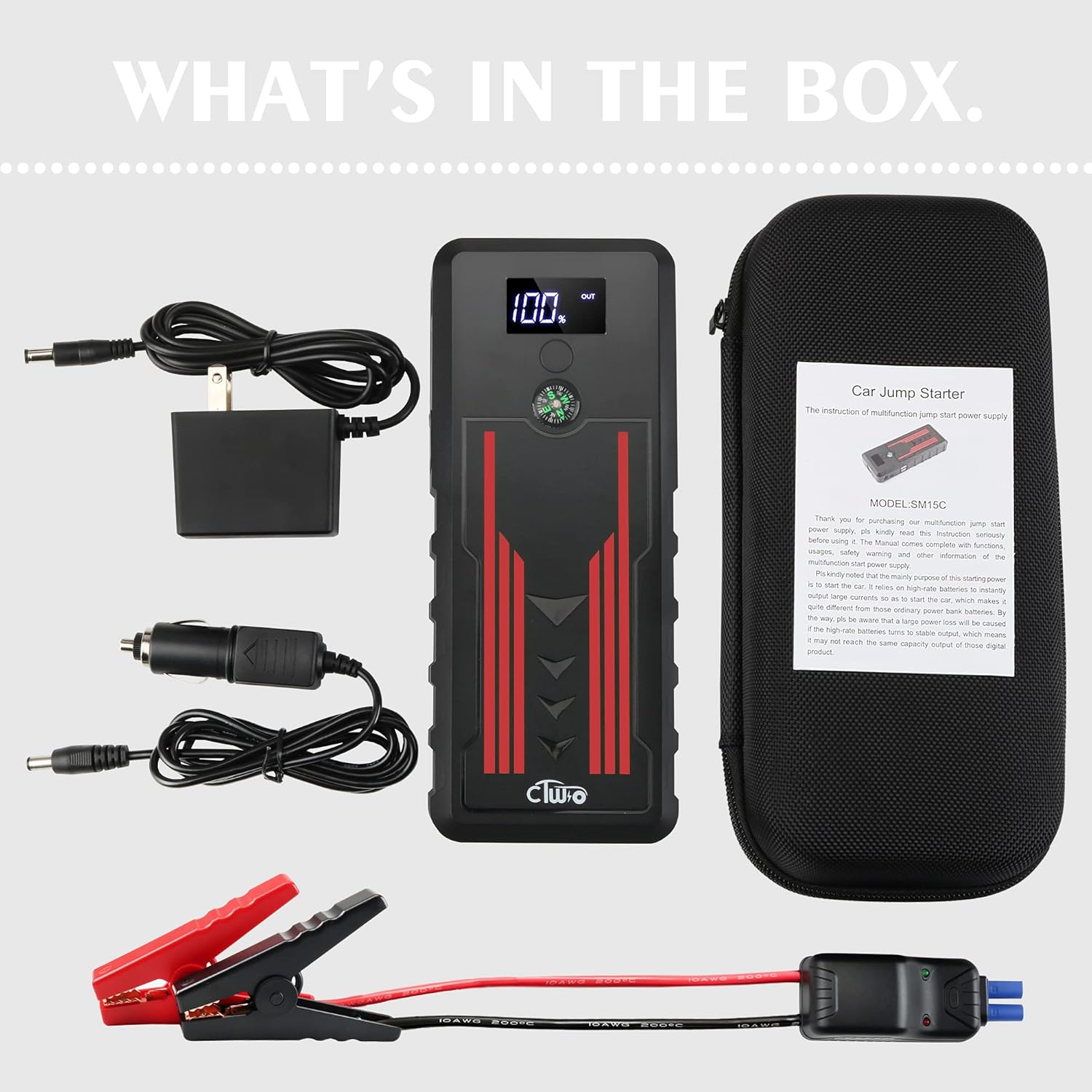 Battery Jump Starter for Car, CTWJO 12V 600A 15000mAh Portable Jump Starter Booster with USB-C Smart Port, Compass, LCD Screen, LED Light, Travel Case