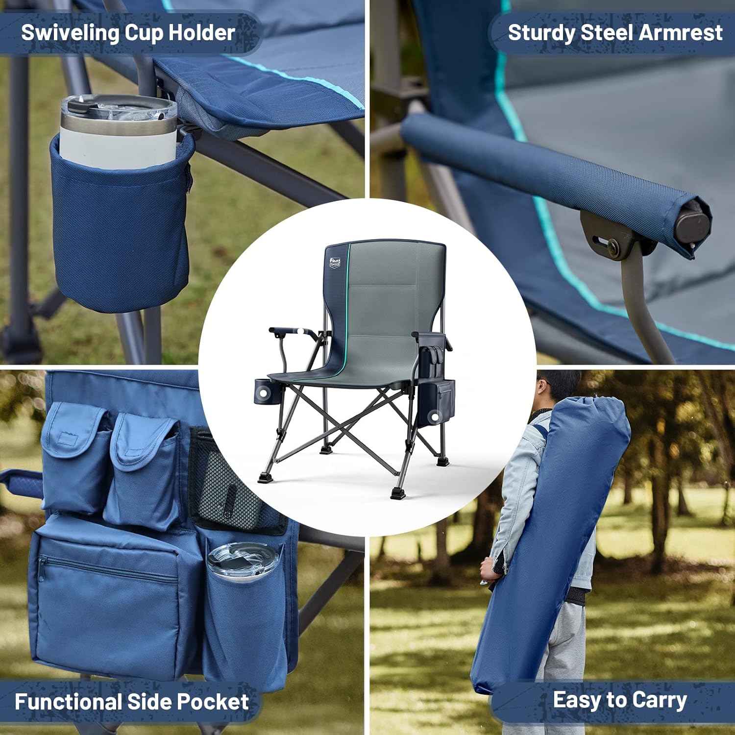 TIMBER RIDGE 400L Large Capacity Folding Double Decker Wagon Blue&Oversized Folding Camping Chair High Back Heavy Duty for Adults Support up to 500lbs