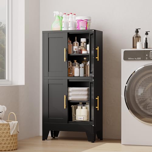 75.2" Tall Metal Pantry Cabinet, Storage Cabinets with 4 Door and 4 Adjustable Shelves, Black Kitchen Pantry Storage Cabinet, Freestanding Cupboard for Kitchen Dining Room Living Room Bathroom
