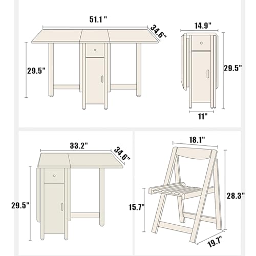 Solid Wood Folding Dining Table with Storage,Rectangular Island Kitchen Table with Drawers,Small Space Drop Leaf Foldable Table with Wheels,Table Only-No Chairs(34.5" D x 51" W x 29.5" H, Red Brown)