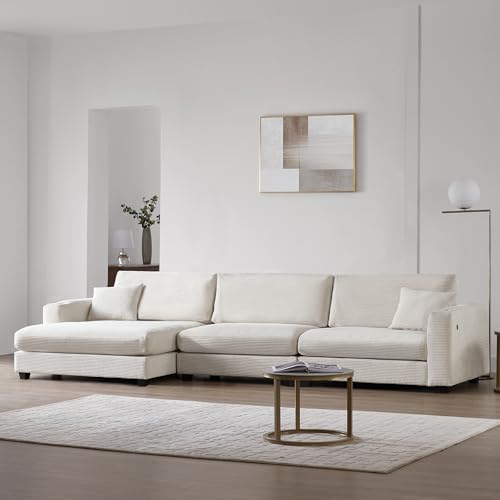 P PURLOVE Oversized Corduroy Sectional Sofa with USB Charging Port, Cup Holder, L Shaped Cloud Couch with 50" W Chaise, Comfy Indoor Furniture for Living Room (Gray)
