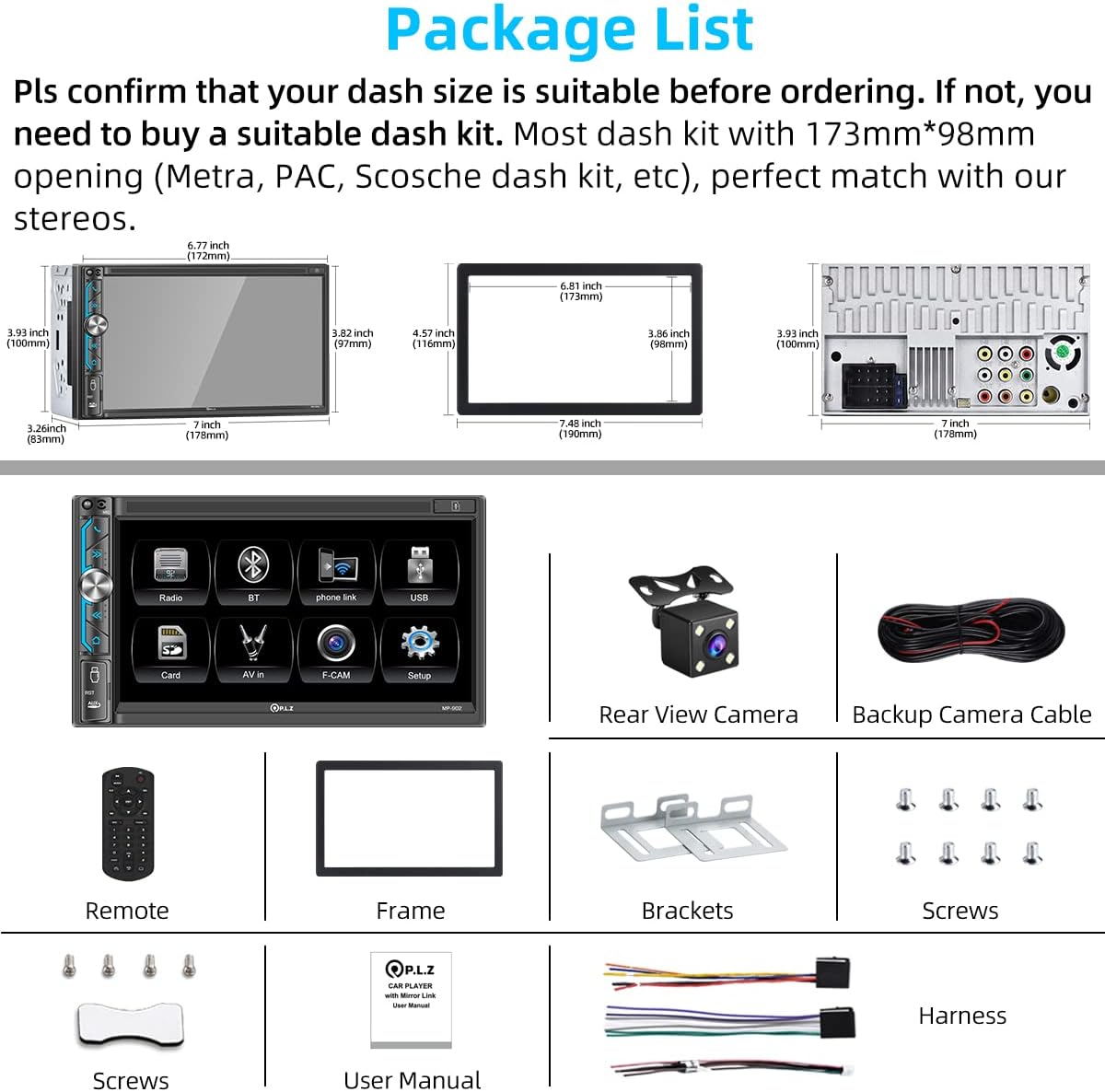 PLZ MP-902 Double Din Car Stereo, 7 Inch Full HD Capacitive Touchscreen Car Radio Receiver with Mirror Link, Bluetooth 5.1, Backup Camera, Steering Wheel Control, Subw, FM/AM Car Radio, USB /TF/AUX