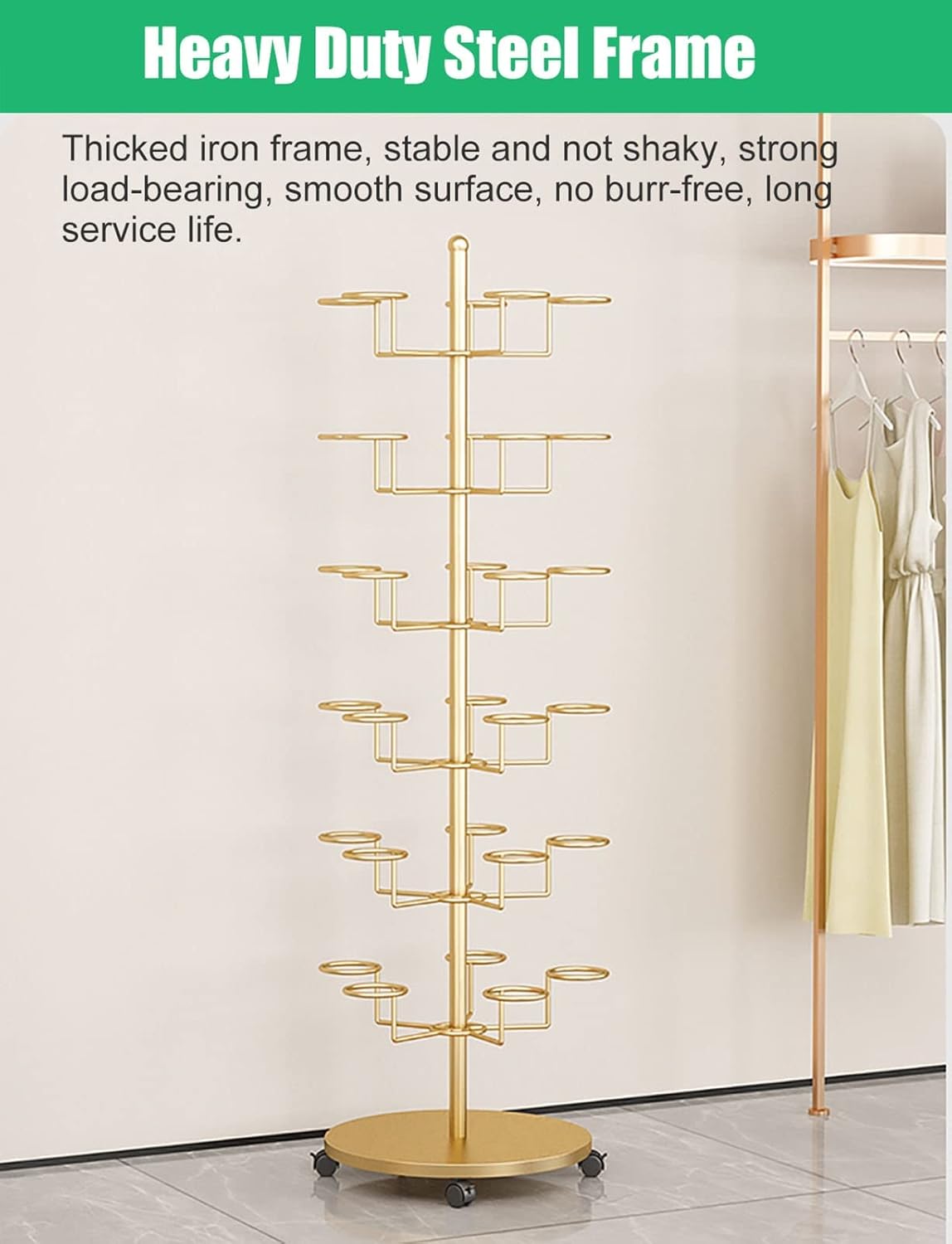 Commercial Modern Hats Display Rack Rotating Retail Hat Rack Stand with Wheels, Vertical Metal Hat Organizer for Multiple Wigs/Caps, 4 5 6 7 8 Tier Hat Headwear Racks (White 4 Layer)