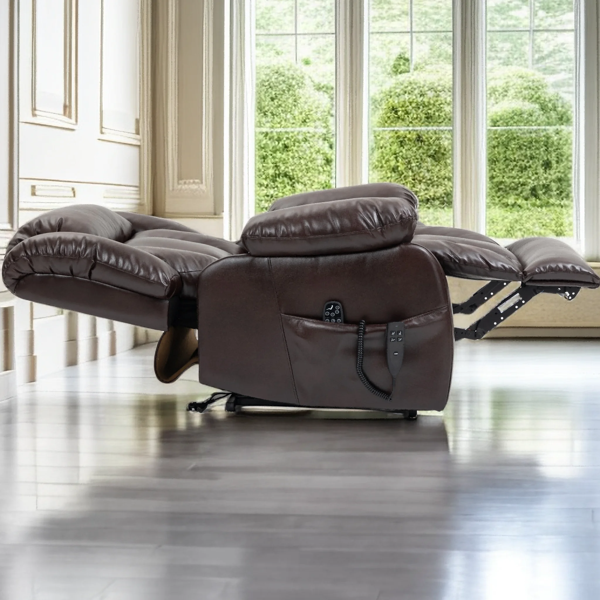 Oversized Dual Motor Lay Flat Power Lift Recliner Chairs for Elderly Adults,Brown Leather Electric Recliners Chair with 8-Point Vibration Massage Lumbar Heating,2 Side Pocket,23" Seat Width