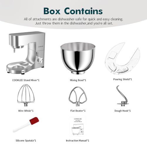 COOKLEE Stand Mixer, 9.5 Qt. 660W Electric Kitchen Mixer with Dishwasher-Safe Dough Hooks, Flat Beaters, Wire Whip & Pouring Shield Attachments for Most Home Cooks, Silver