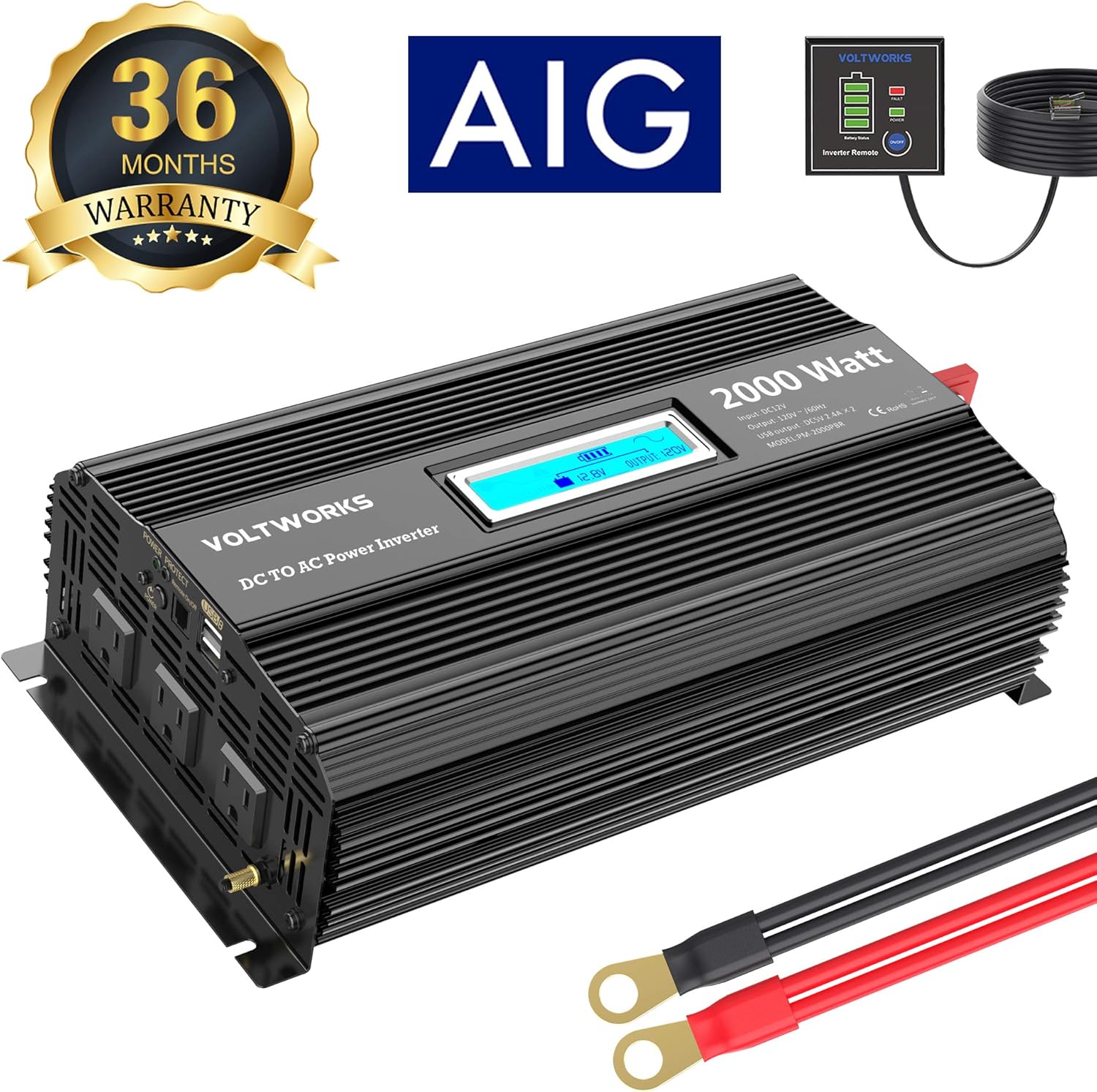 Power Inverter 2000w DC 12V to AC 120V Modified Sine Wave Inverter 2000 watt with LCD Display Remote Control and 3AC Outlets Dual 2.4A USB Ports for Car RV Truck Boat[3 Years Warranty] by VOLTWORKS