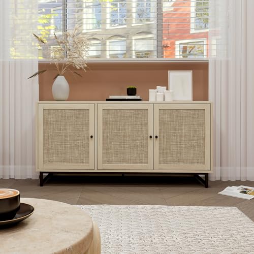Rattan Sideboard Buffet Cabinet, 2 Tier Rattan Storage Cabinet with 3 Doors & Metal Legs,Wood Shoe Cabinet Storage,Accent Console Table Cabinet for Living Room Kitchen Hallway Entryway