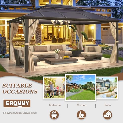 EROMMY 10' x 12' Hardtop Gazebo, Aluminum Frame Gazebos with Galvanized Steel Double Roof, Permanent Outdoor Metal Pavilion with Curtain and Netting for Patio, Lawn, Deck