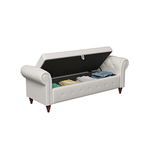 63" Long Storage Bench, Button Tufted Bed End Storage Bench with Rolled Arm and Solid Wood Legs, Upholstered Storage Ottoman Footrest for Bedroom Entryway Living Room, Space Saving, Blue