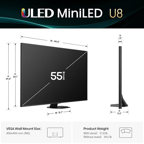 Hisense 55" Class U8 Mini-LED ULED 4K UHD Google Smart TV (55U8QG, 2025 Model) - QLED, Native 165Hz, VRR 288, Up to LD5600, 5000 Nits, HDR10+, Dolby Vision IQ · Atmos, IMAX Enhanced, 4.1.2 Ch Audio