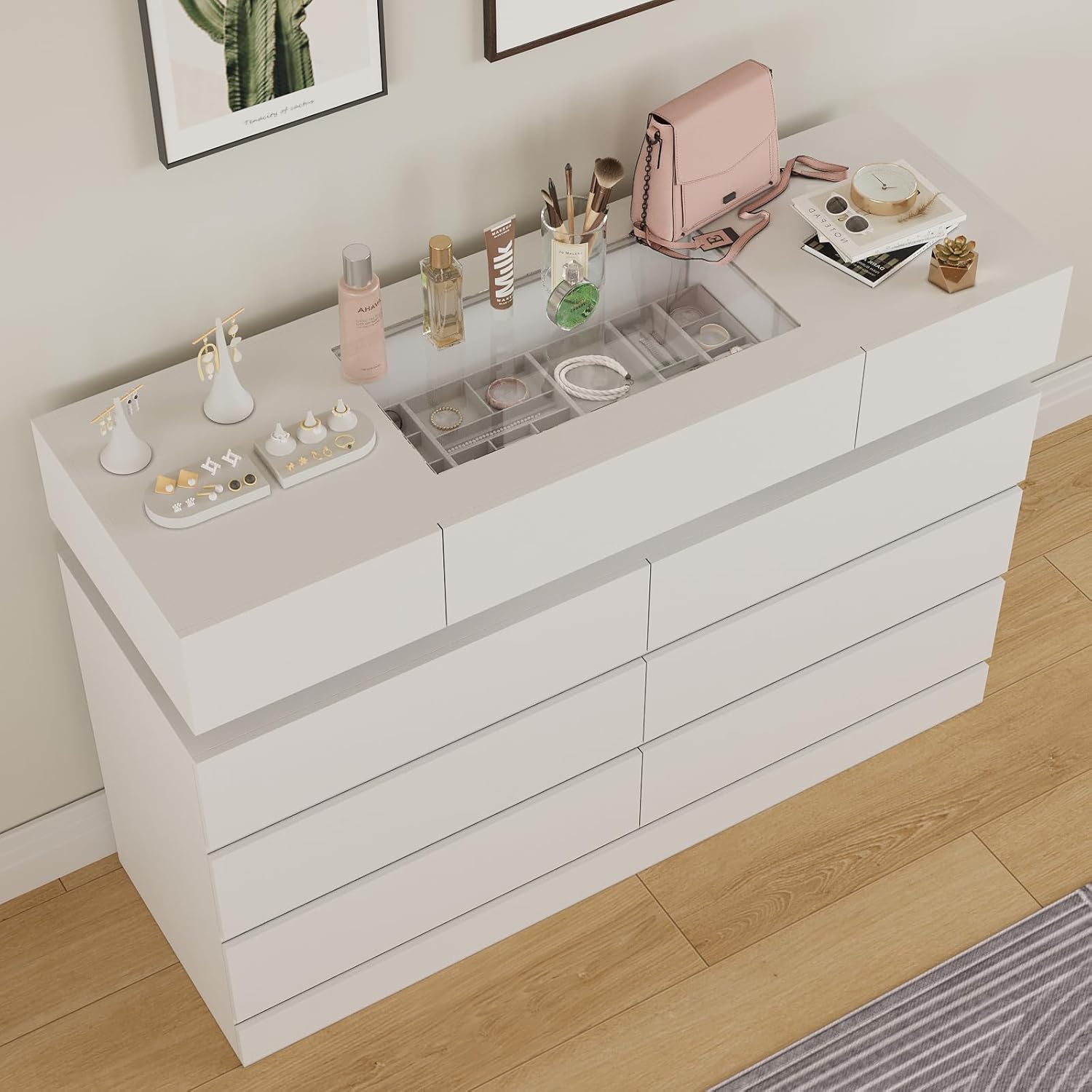 ARTETHYS White Dresser for Bedroom 6 Drawer Dresser Organizer for Closet Clothes Chest of Drawers with LED Lights 47’’ Modern Storage Cabinet with Glass Top for Living Room Entryway Hallway