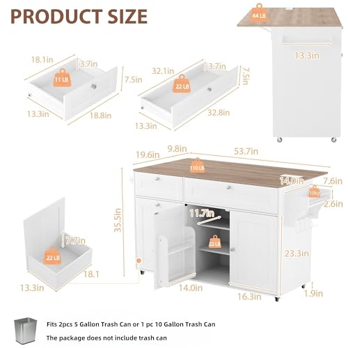 Kitchen Island on Wheels with Storage, Rolling Kitchen Islands with Drop Leaf&Power Outlet, Mobile Kitchen Island Cart with Trash Can Storage, Spice Rack, Towel Rack, Storages Cabinet ,Drawers
