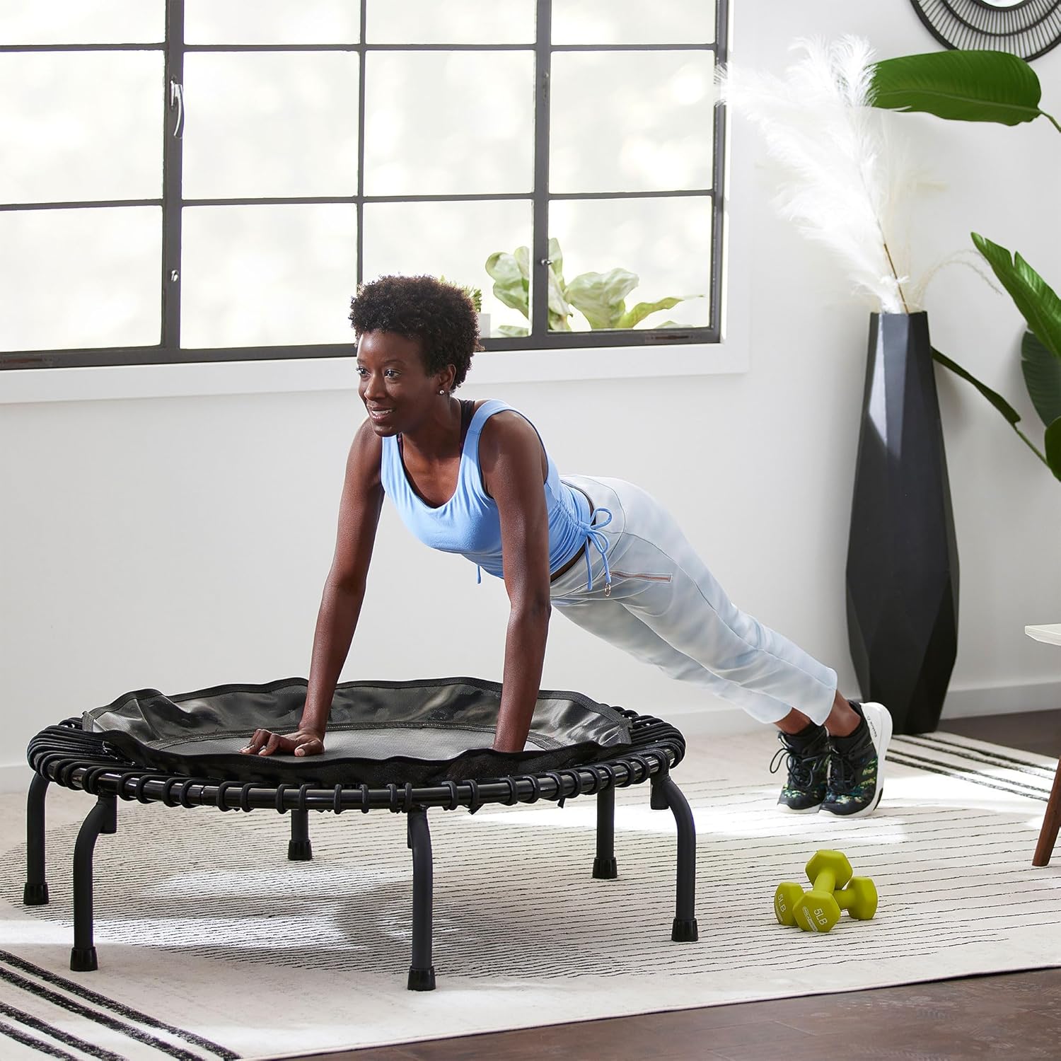 JumpSport 430 Home 44 Inch Low Impact Adult Mini Exercise Fitness Rebounder Trampoline with Streaming Videos and Workout DVDs, Black