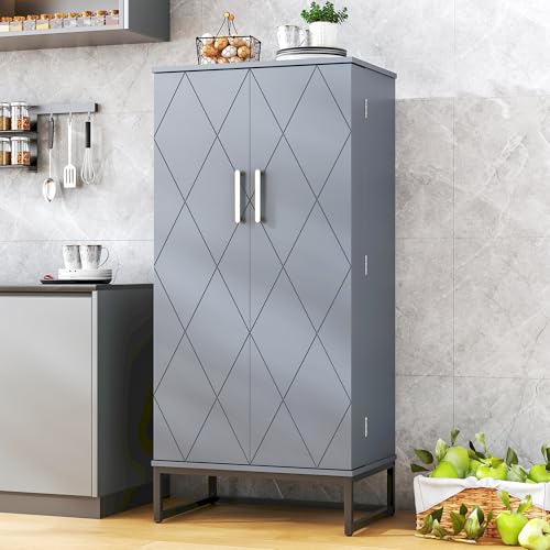 51” Pantry Cabinets, White Freestanding Kitchen Pantry Storage Cabinet with Adjustable Shelves, Buffet Cupboards Storage Cabinet for Home Office Use, White + Gold
