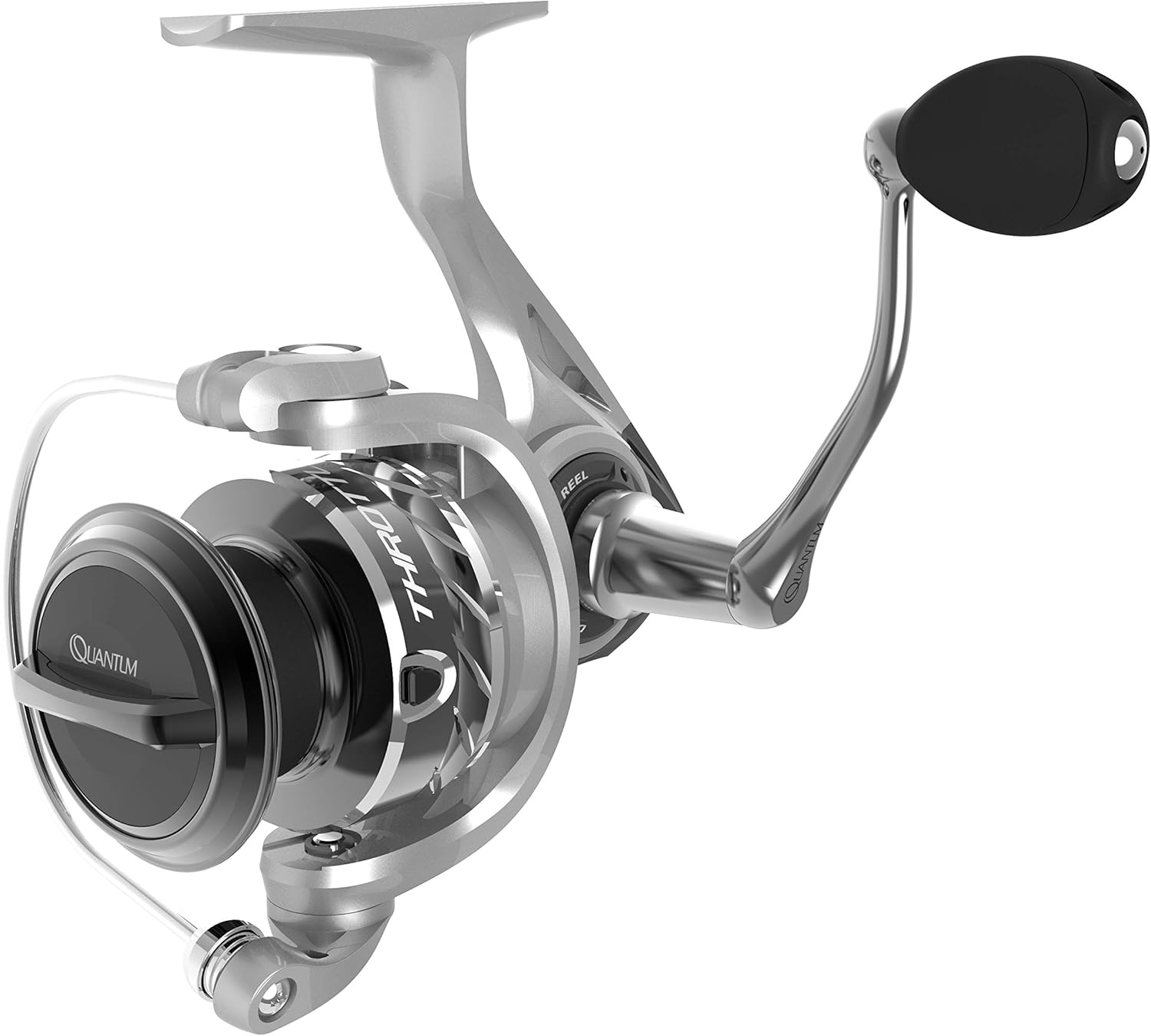 Quantum Throttle Spinning Fishing Reel, Size 30 Reel, Anodized Aluminum Bail Wire, Continuous Anti-Reverse Clutch, R·E·D Aluminum Unibody Design, MaxCast II Spool, 5.2:1 Gear Ratio, Silver, Clam Pack