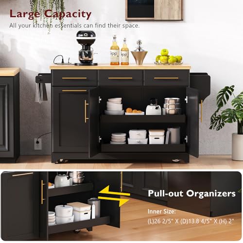 59.3" Rolling Kitchen Island on Wheels with Trash Can Storage Cabinet, Island Table for Kitchen with Power Outlet, Kitchen Cart with Drop Leaf and Internal Storage Rack (Black)