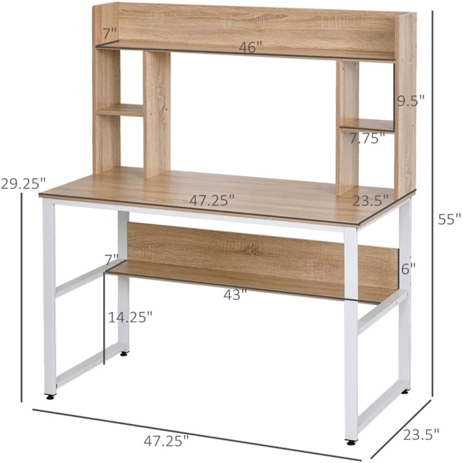 Computer Desk with Hutch, Home Office Desk with Bookshelf, Writing Study Desk, Modern Computer Workstation PC Laptop Desk 47.25" L x 23.5" W x 55" H Office Desk, Home Office Desk with Storage Shelves