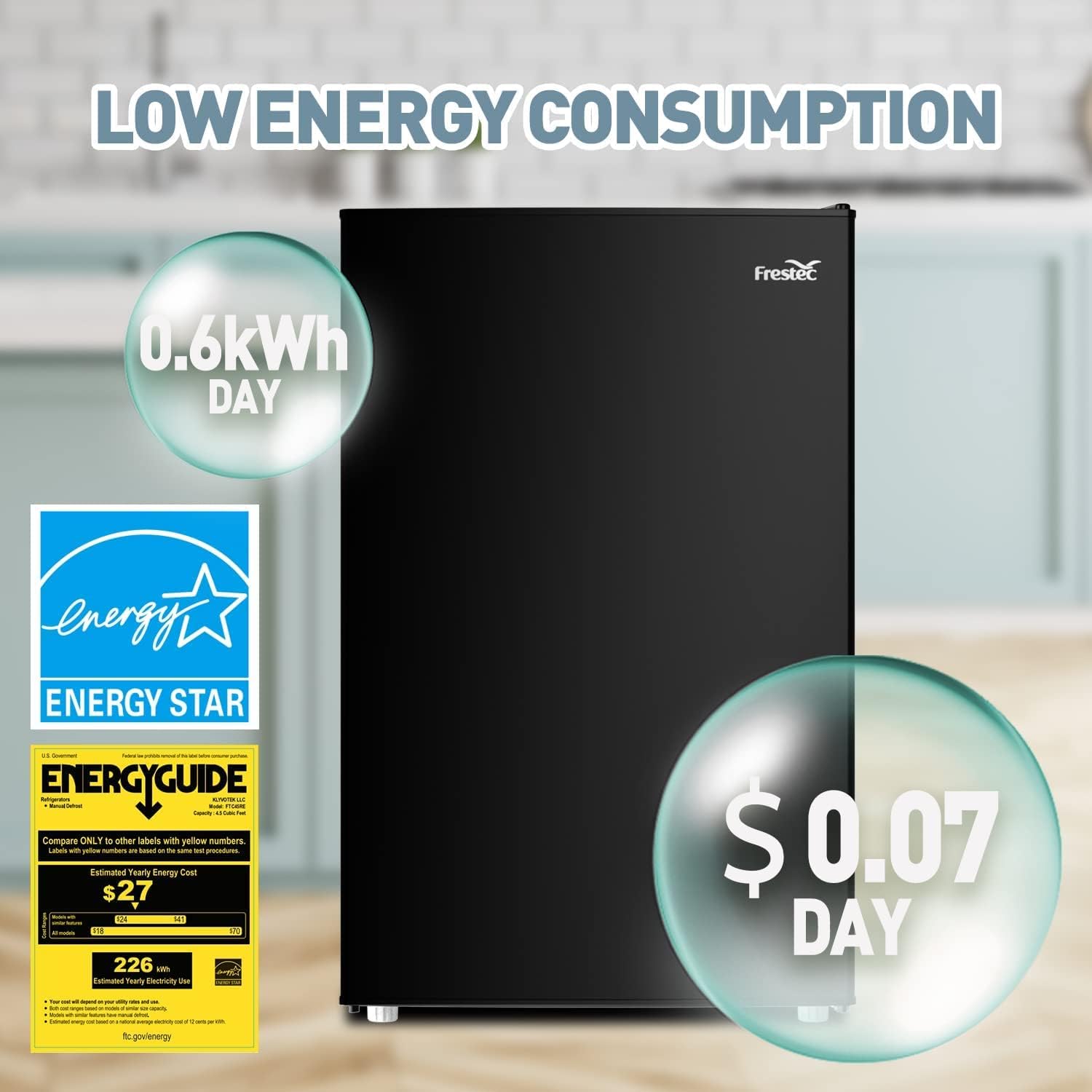 Frestec Mini Refrigerator,4.5 Cu Ft Small Fridge,Mini Fridge for Bedroom,Dorm Refrigerator,Small Refrigerator for Office,Single Door Compact,Energy Saving,Low Noise with Reversible Door (Black)