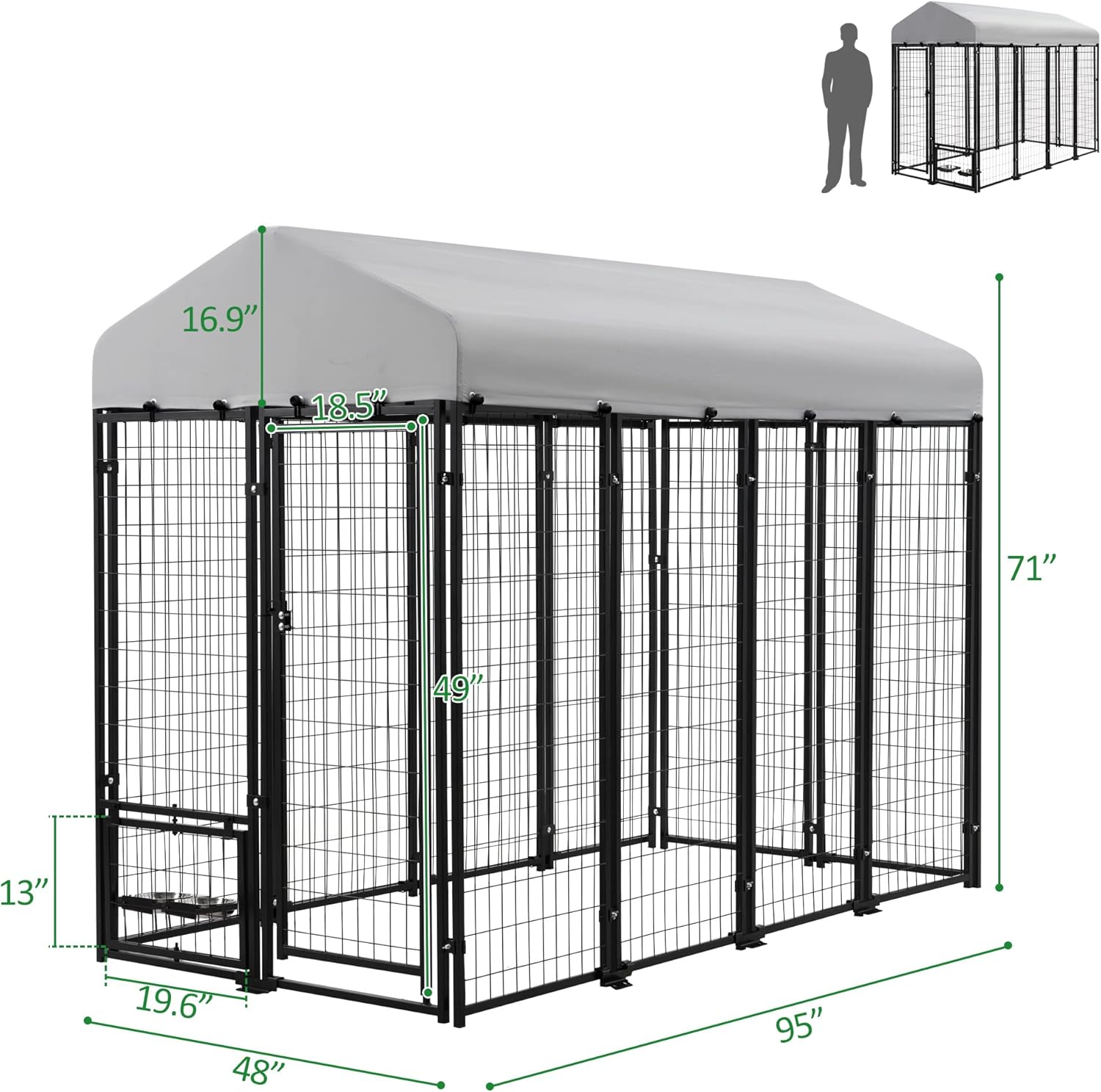 Large Dog Kennel Outdoor Dog House, Heavy Duty Welded Wire Steel Fence Dog Cage with Waterproof UV-Resistant Cover, Feeding Door and Secure Lock (8x4x6 ft)
