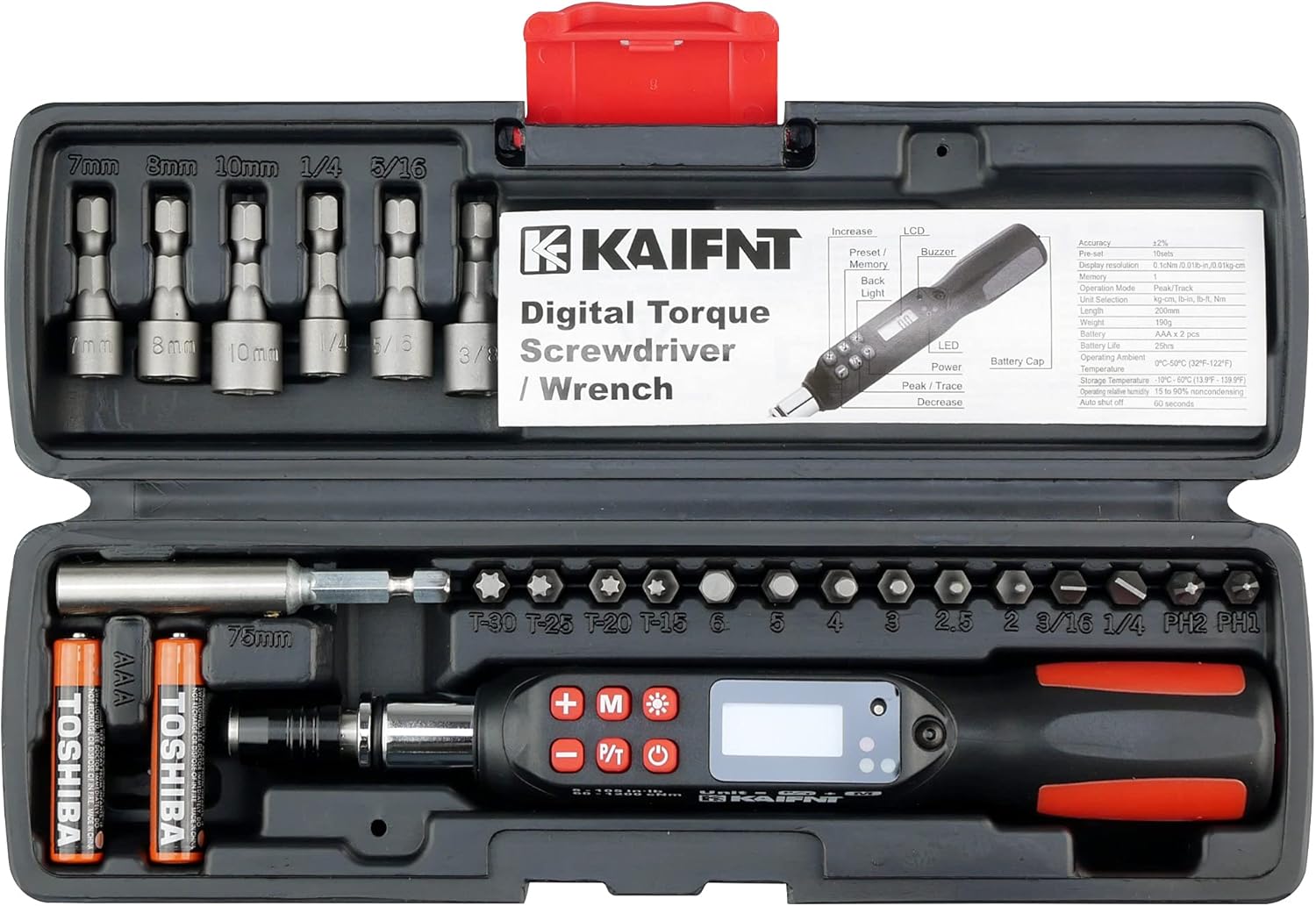 KAIFNT K551 Digital Torque Screwdriver/Wrench Set, 5 to 85 in·lbs, Buzzer/LED Flash Notification, Dual Direction