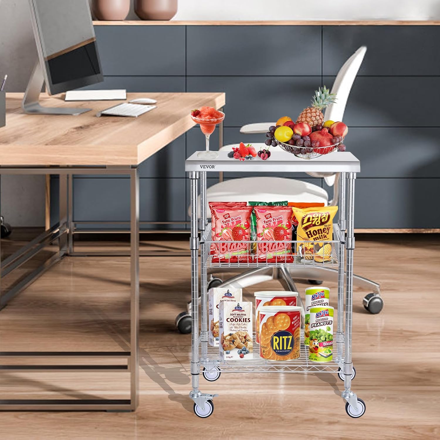 VEVOR Kitchen Utility Cart, 20"x24"x36.6" 3 Tiers Wire Rolling Cart, 470LBS Capacity Steel Service Cart with Brake Wheels, Storage Trolley with 76mm Basket PP Liner 6 Hooks, for Indoor & Outdoor Use