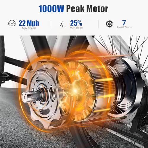 Electric Bike, 1000W Peak Motor, 26” Electric Mountain Bike, 375Wh Removable Battery, 40 Miles Range & 22 Mph Step-Over Ebike for Adults, Electric Bicycle for Commute, 7 Speed
