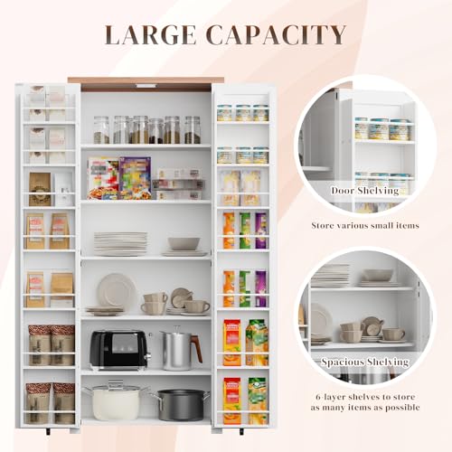HollyHOME 72" Kitchen Pantry Cabinet, Storage Cabinet with 4 Doors and 1 Drawer, Freestanding Cupboard with Adjustable Shelves and 6 Door Shelves for Kitchen, Dining Room, Living Room, White