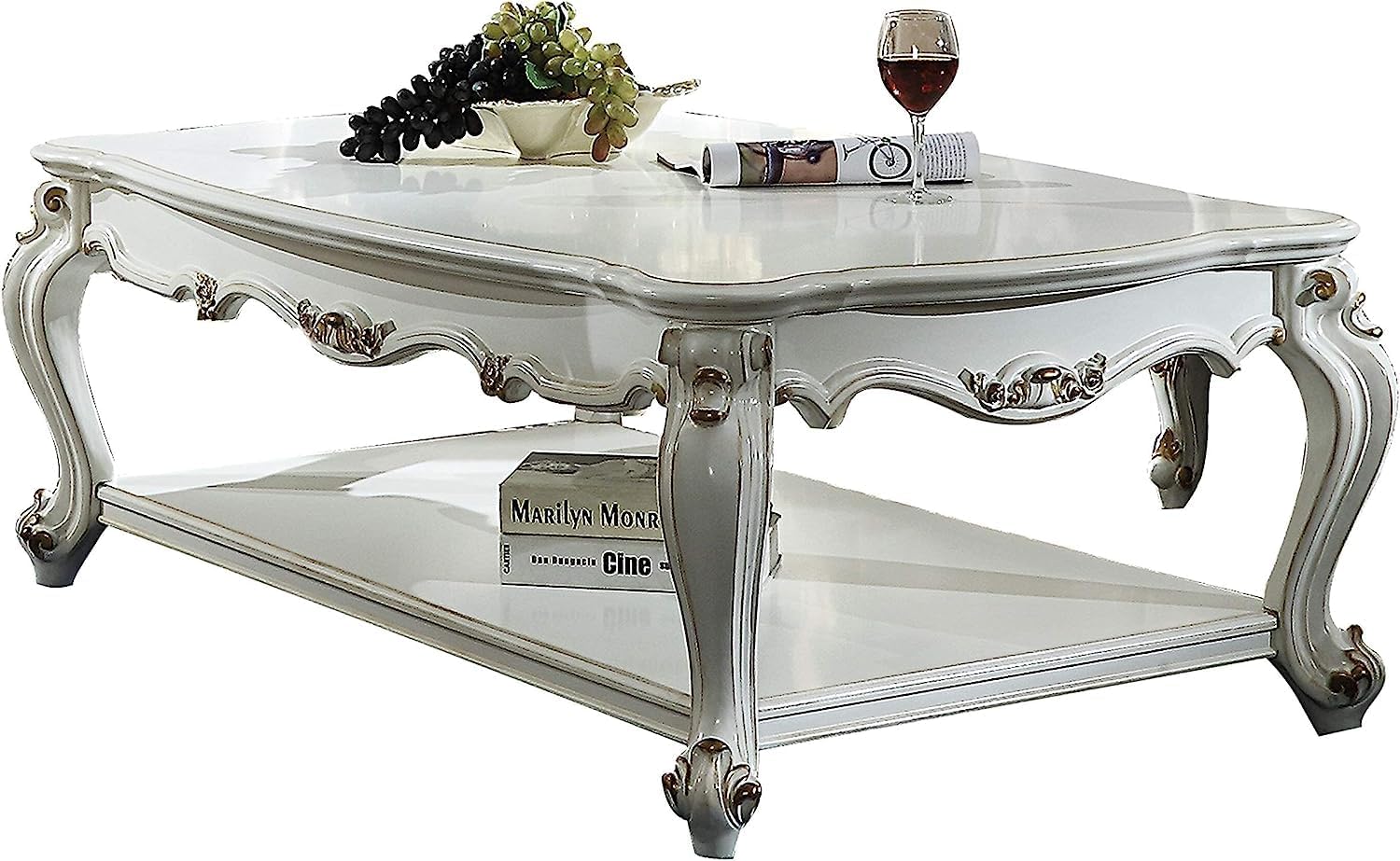 Acme Picardy Rectangular Wooden Coffee Table with Bottom Shelf in Antique Pearl