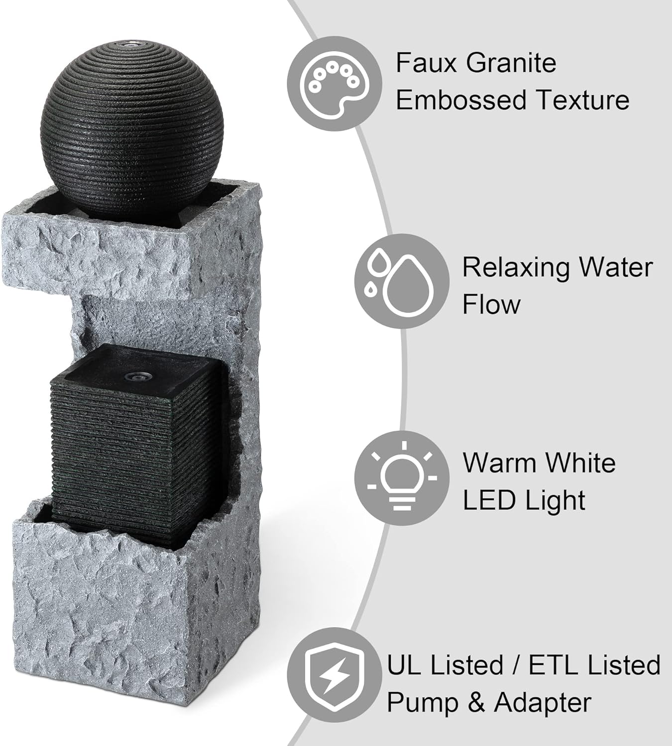 Glitzhome 2 Tiers Outdoor Water Fountain Modern Stacked Sphere Spillway Garden Decor with Pump and LED Light, 34.75" H