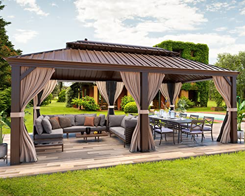 MELLCOM 12'x16' Hardtop Gazebo, Galvanized Steel Metal Double Roof Canopy with Curtains and Netting, Brown Permanent Pavilion Gazebos with Aluminum Frame for Garden, Patio, Lawns, Deck