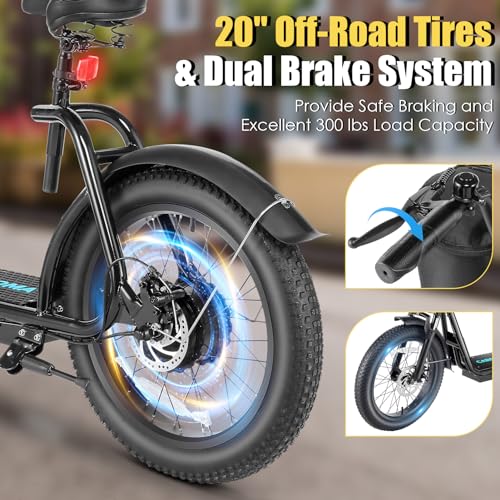 Caroma Peak 800w Electric Scooter Adults 20"X3" Fat Tire, 20 MPH Top Speed & 30 Miles Range, Off-Road E Scooter w/Adjustable Seat & Detachable Basket, Foldable Ebike w/Shock Absorption for Commuting