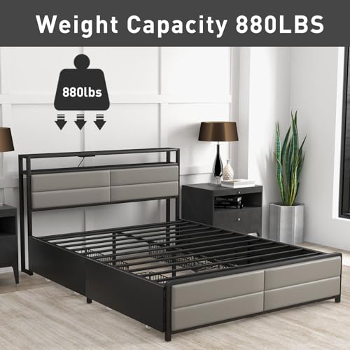 Bonzy Home Full Size Bed Frame with 4 Storage Drawers and USB Port, Platform Bed Frame with Lights, Strong Metal Slats Support, No Box Spring, Non-Noise, Mattress Foundation, Grey
