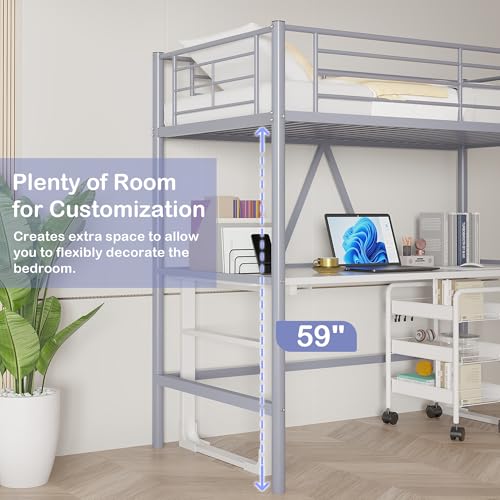 VECELO Metal Loft Bed Twin Size, Heavy Duty Bedframe with Removable Ladder and Safety Guardrail, Space-Saving, Noise Free, No Box Spring Needed, Off White