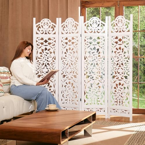 5.75Ft Room Divider Wood Carved Wall Divider Indoor Folding Portable Partition Screen for Home Office Garden Terrace - 4 Panel (Antique Brown)