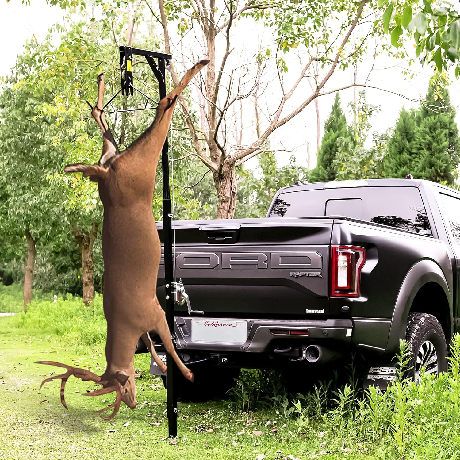 YIELDEDLAND Portable Game Hoist with 450 Pounds Capacity Truck Hitch Mount Deer Hanger with 360 Degree Swivel Complete Hoist Kit with Winch and Gambrel for Hunting Season Game up to 450lb
