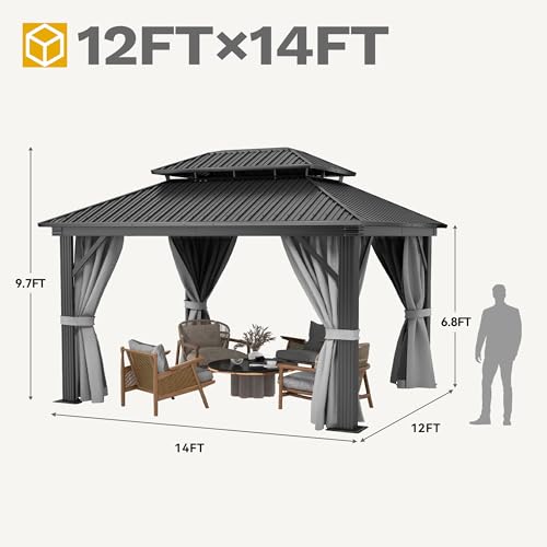 DWVO 10x12ft Hardtop Gazebo Double Roof with Nettings and Curtains, Heavy Duty Galvanized Steel Outdoor Vertical Stripes Roof for Patio, Backyard, Deck, Lawns, Brown