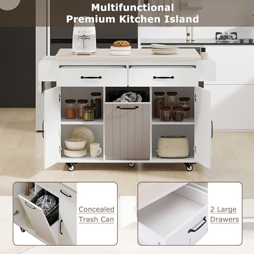 60" Kitchen Island with Drop Leaf and Power Outlet, Rolling Kitchen Cart on Wheels with Trash Can Storage Cabinet, Spice Rack, Towel Rack and Adjustable Shelf for Dining Room