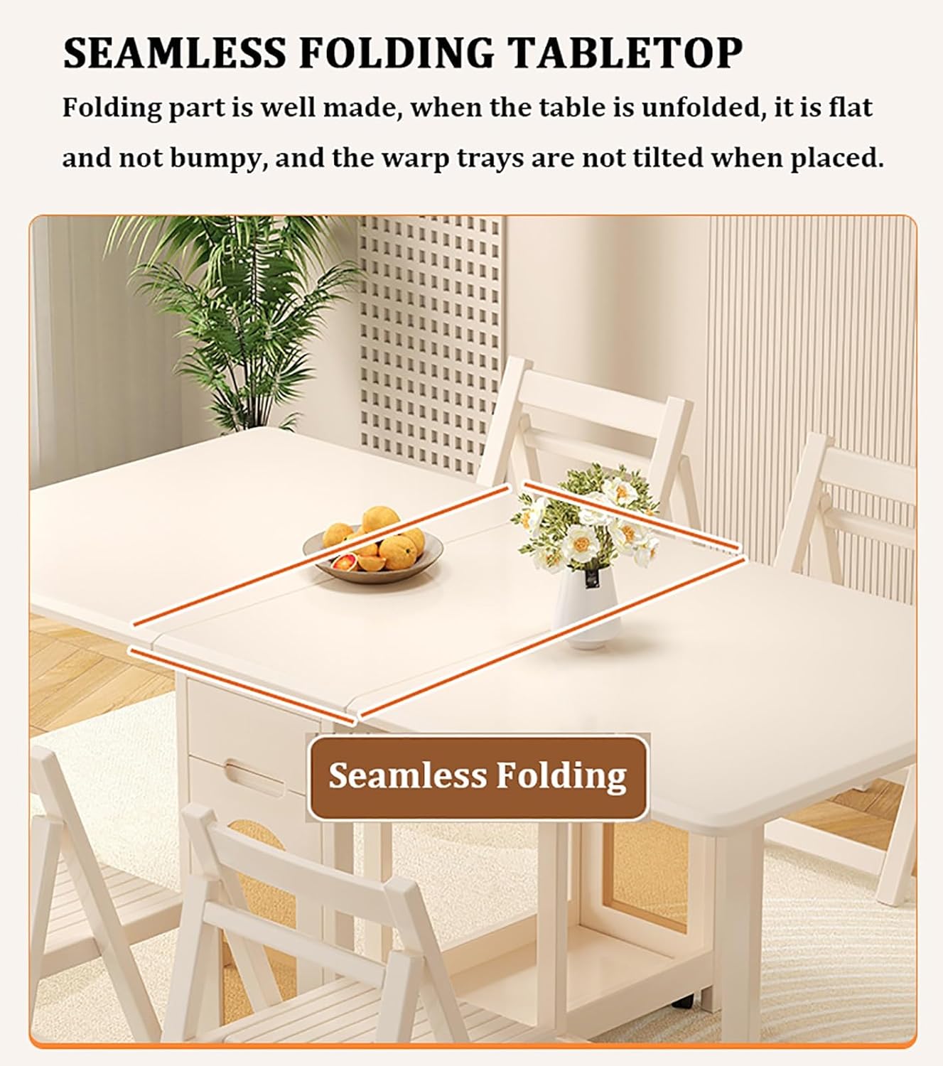 Folding Dining Table with Chairs Rack and 1 Storage Drawers, Movable Extendable Space Saving Table, 4 Universal Wheels, for Dining Room, Kitchen, Living Room