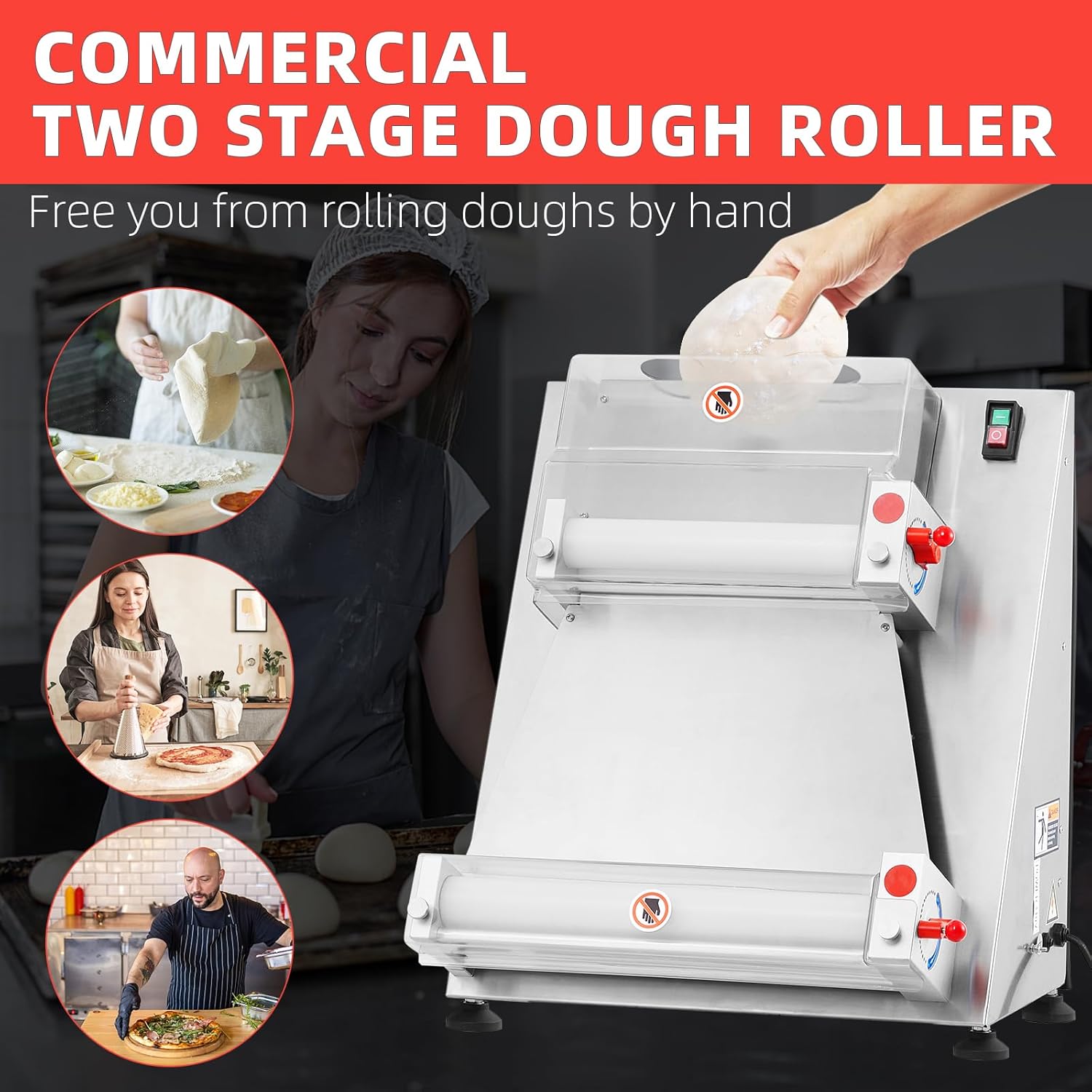 Commercial Pizza Dough Roller Sheeter, CuisinAid Max 16", Automatic 370W Electric Pizza Dough Roller, Stainless Steel, Suitable for Noodle, Pizza Bread and Pasta Maker Equipment