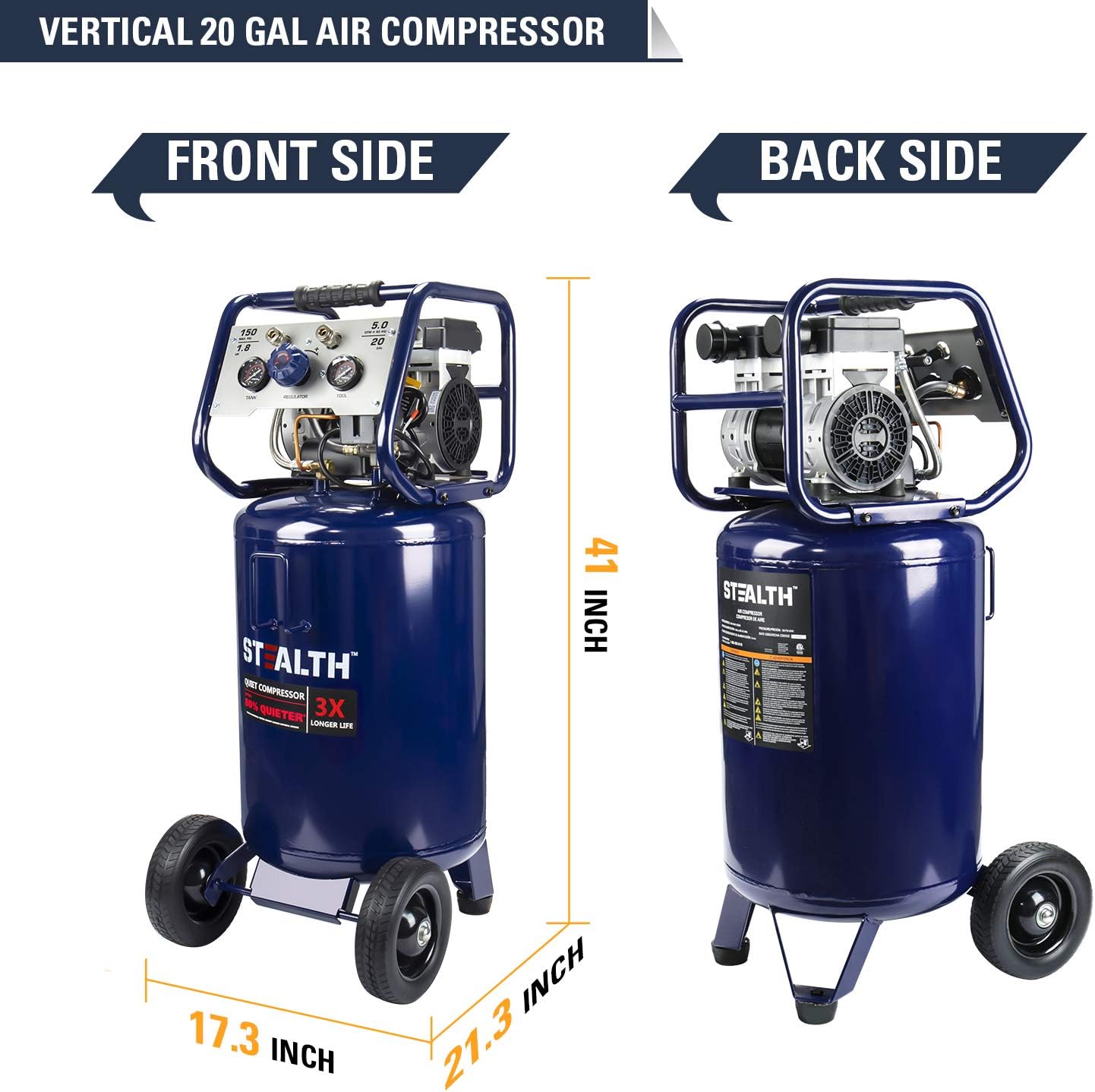STEALTH Air Compressor, Ultra Quiet, Oil-Free and Long Life Cycle,1.8 Hp 20 Gallon Compressor with Large Rubber Wheels (Blue, SAQ-12018)