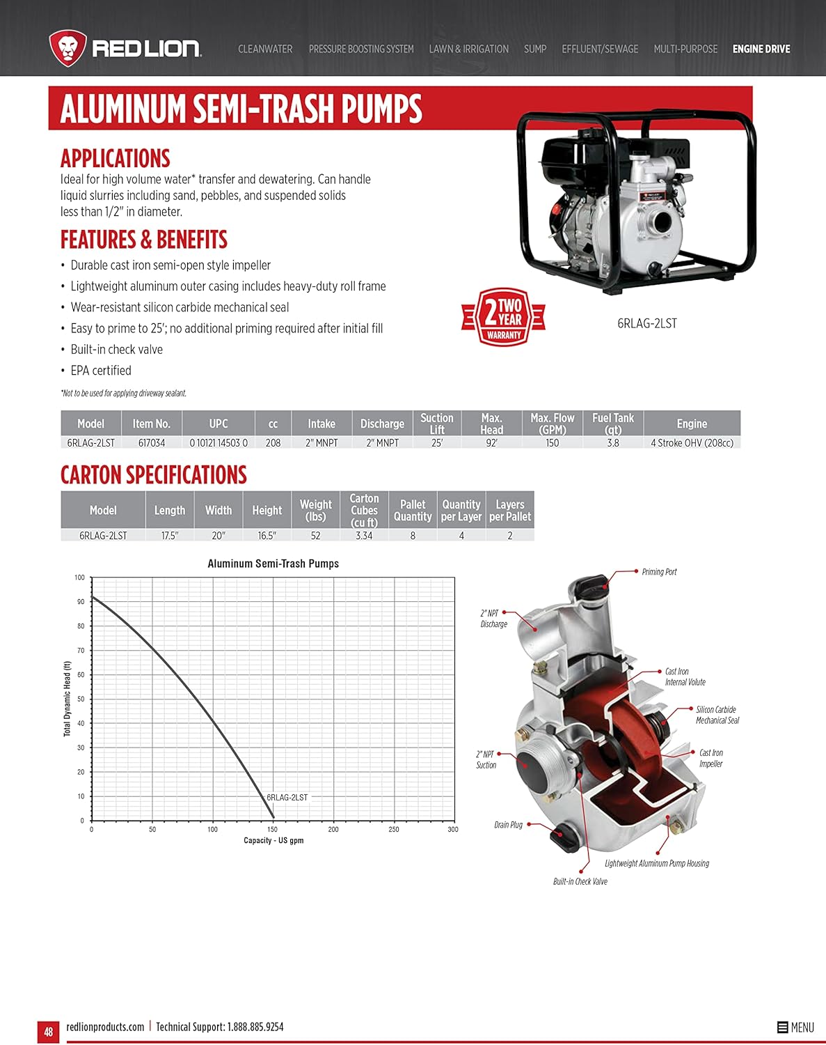 Red Lion 617034 6RLAG-2LST 208cc, 150 GPM OHV Engine Driven Aluminum Semi-Trash Pump, 2-inch MNPT Suction and Discharge, Black