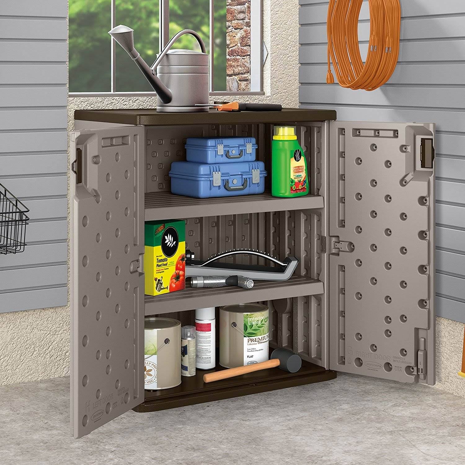 Suncast 9 Cu ft Heavy Duty Resin Garage Base Storage Cabinet Platinum 2 Pack