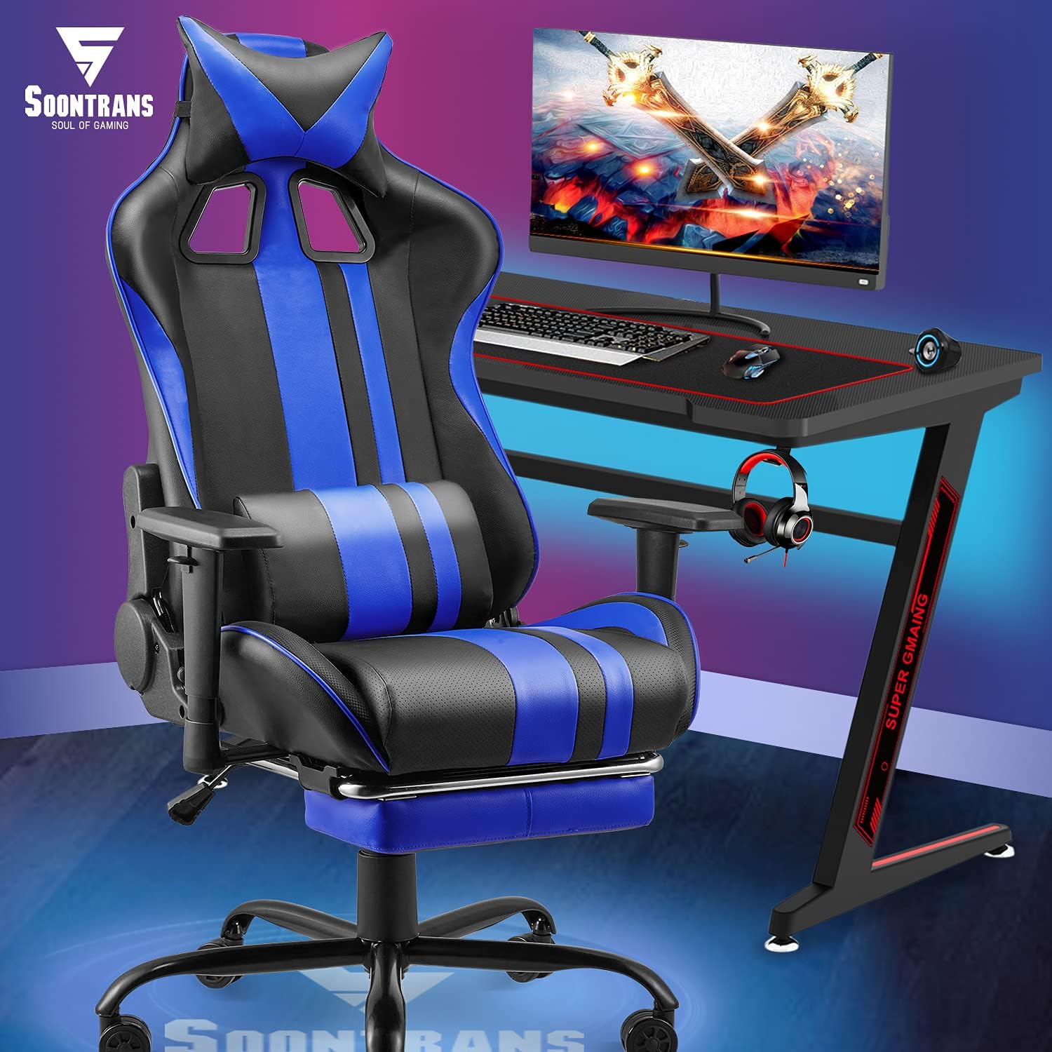Soontrans Gamer Chair Gaming Chair Lumbar Support Office Chair with Footrest Recling Racing Chair Ergonomic Desk Chair with Headrest Armrest Support for Adults Men Women Teens(Royal Blue)