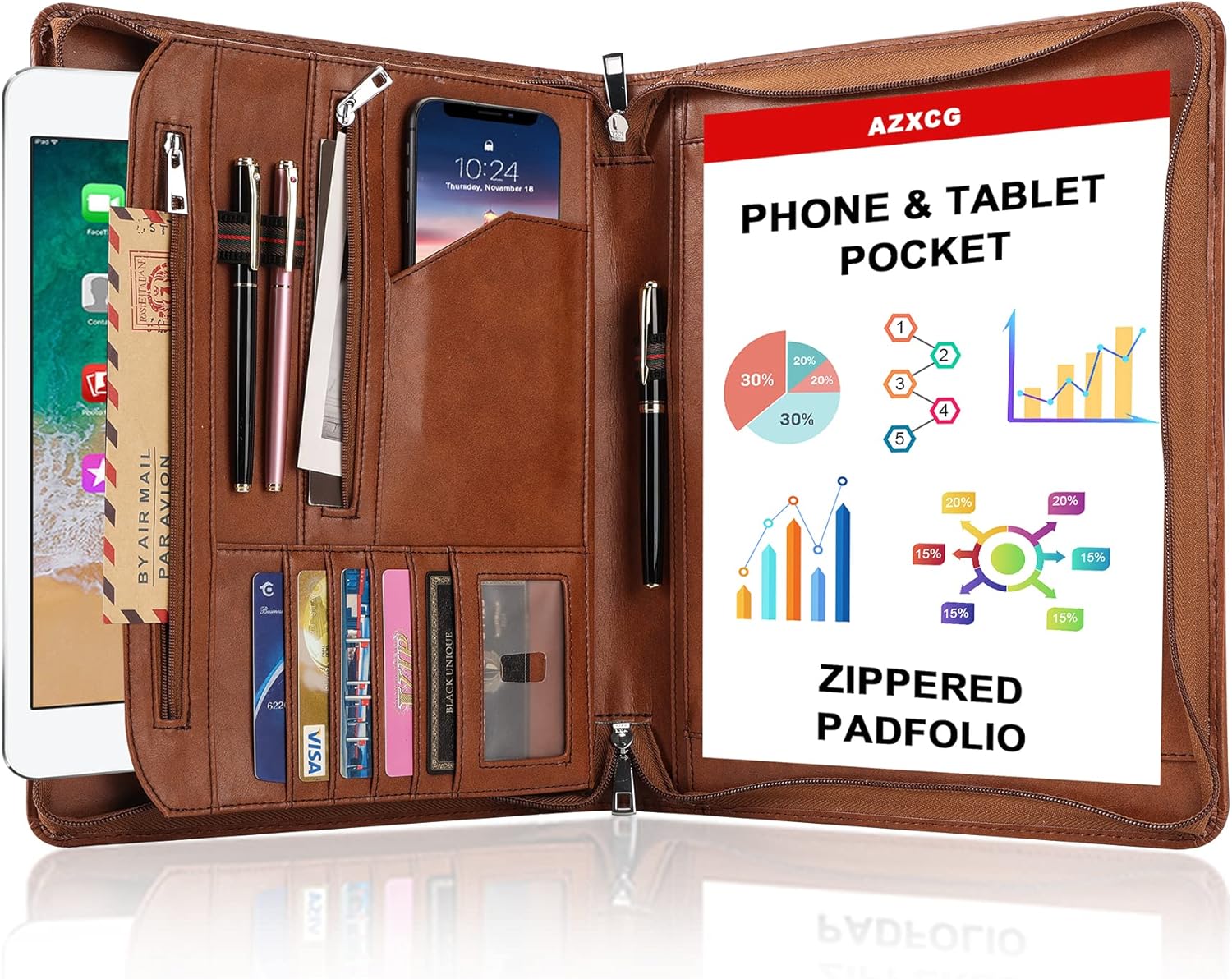 AZXCG Porfolio with YKK Zipper, Resume Portfolio Folder - Interview/Legal Document Organizer & Business Card Holder, Faux Leather,8.5 x 11 Writing Pad